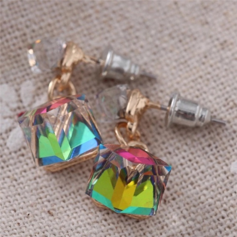 Iridescent Crystal Drop Earrings with Gold-Tone Links - Picture 7 of 8